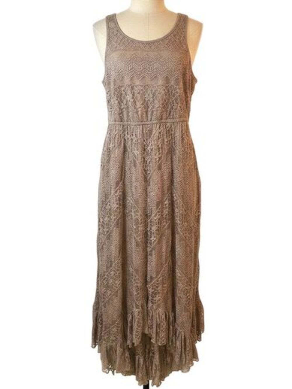 Solitaire Lace Maxi Dress Small Taupe Fairycore Boho Layered Ruffle